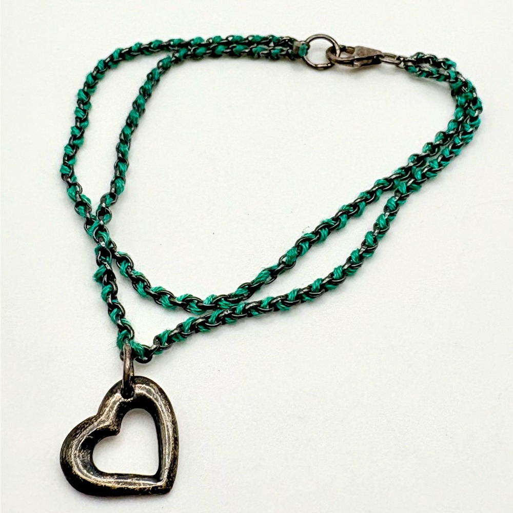 Vintage 925 Sterling Silver Woven Green Silk Open Heart Double Chain Bracelet